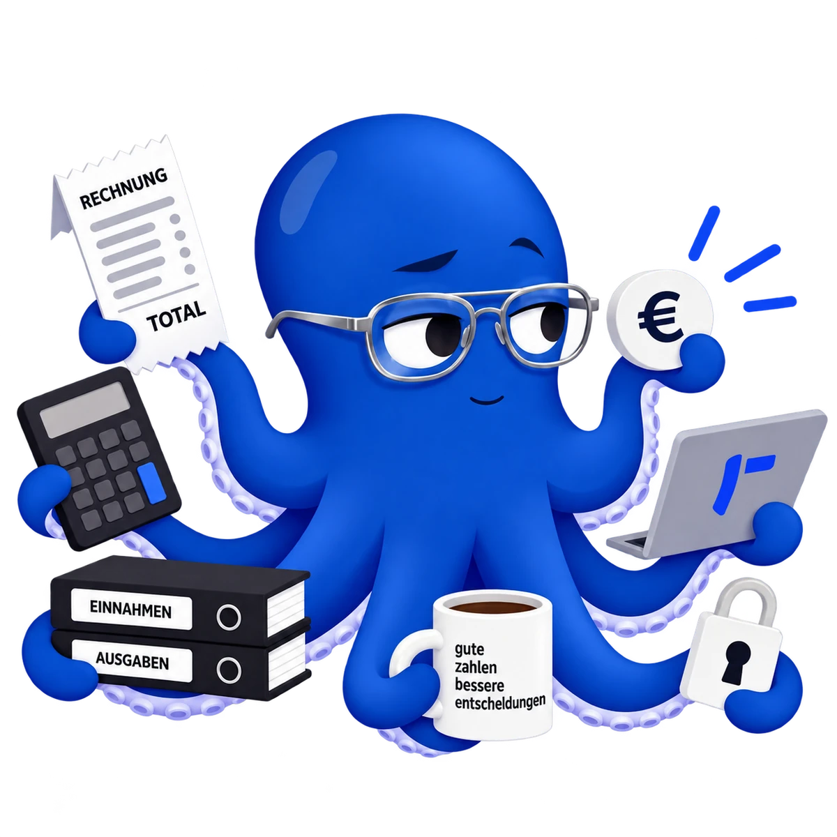 Der blaue OktoEasy-Oktopus mit silberner Brille und seinen Buchhaltungshelfern.